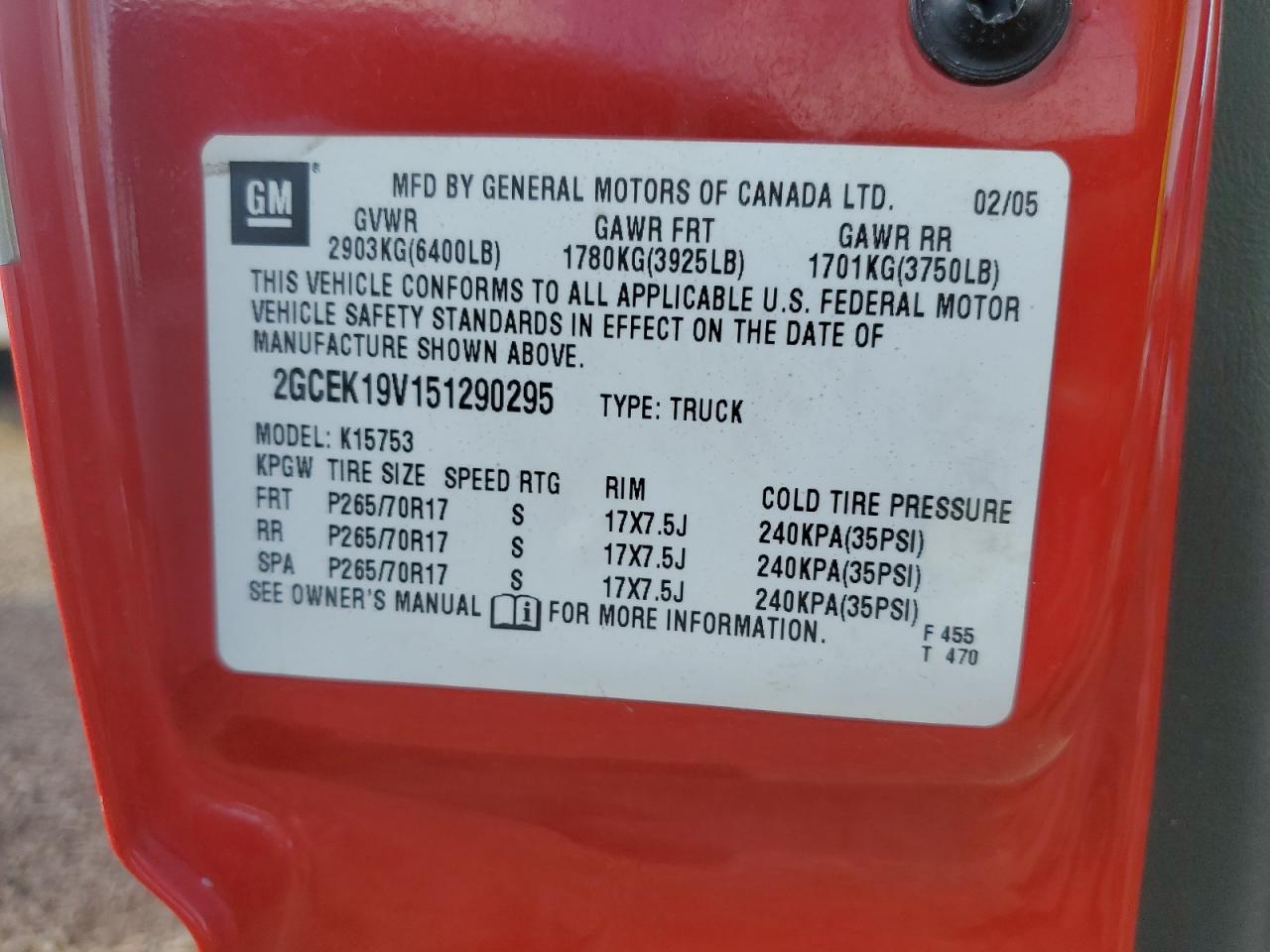 2005 Chevrolet Silverado K1500 VIN: 2GCEK19V151290295 Lot: 80341065