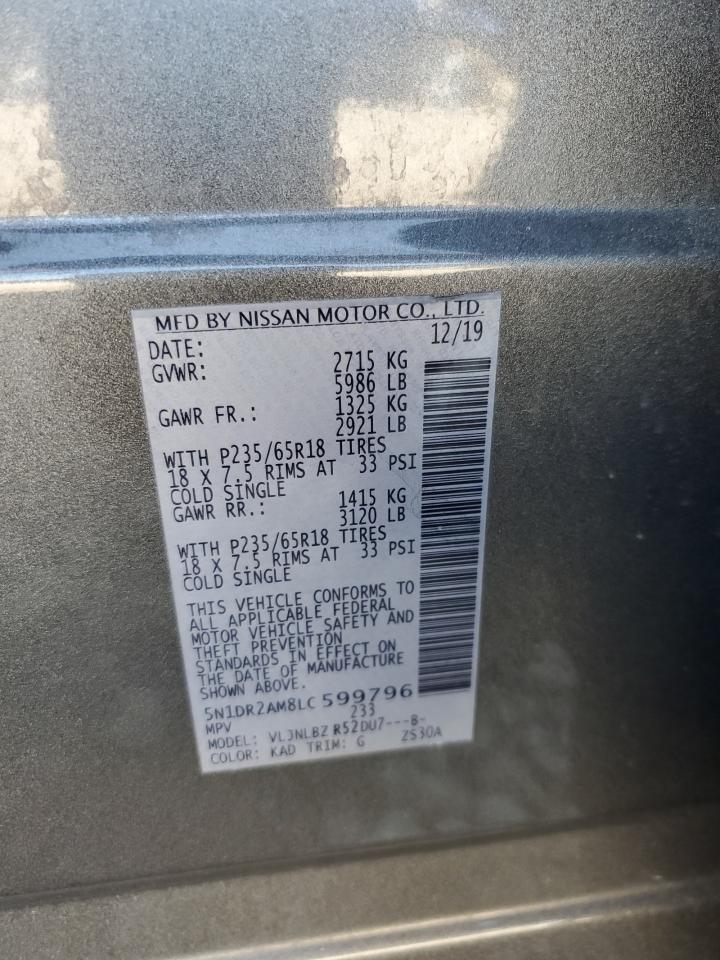 2020 Nissan Pathfinder S VIN: 5N1DR2AM8LC599796 Lot: 71734165