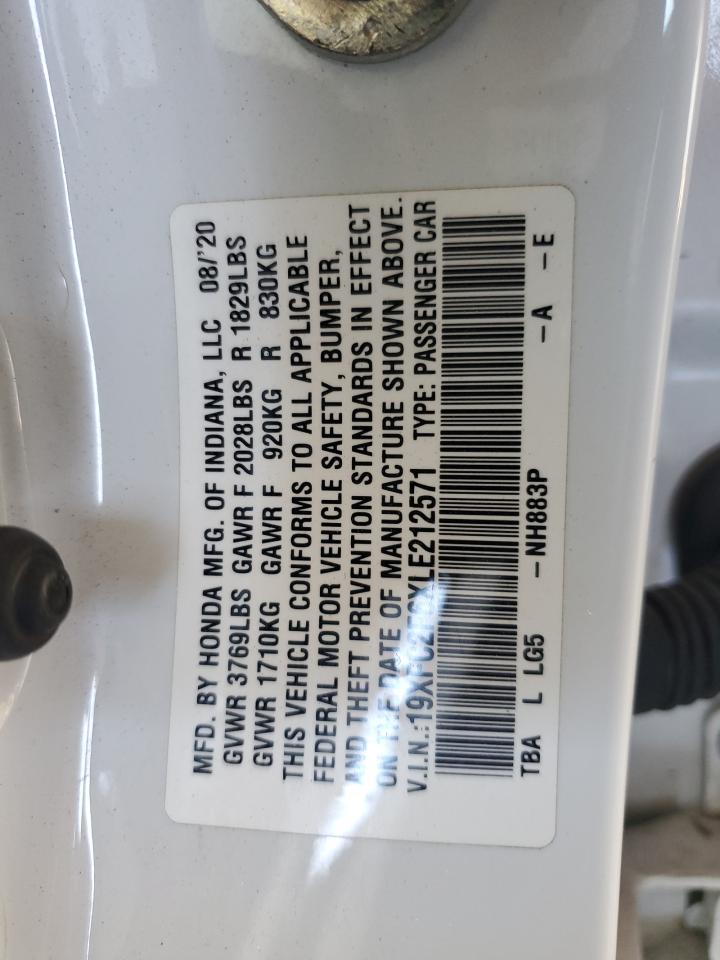 2020 Honda Civic Lx VIN: 19XFC2F6XLE212571 Lot: 80960085