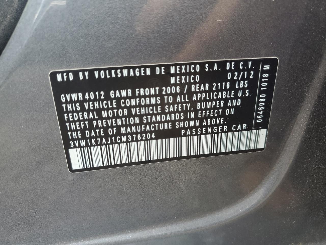 2012 Volkswagen Jetta Base VIN: 3VW1K7AJ1CM376204 Lot: 71323665