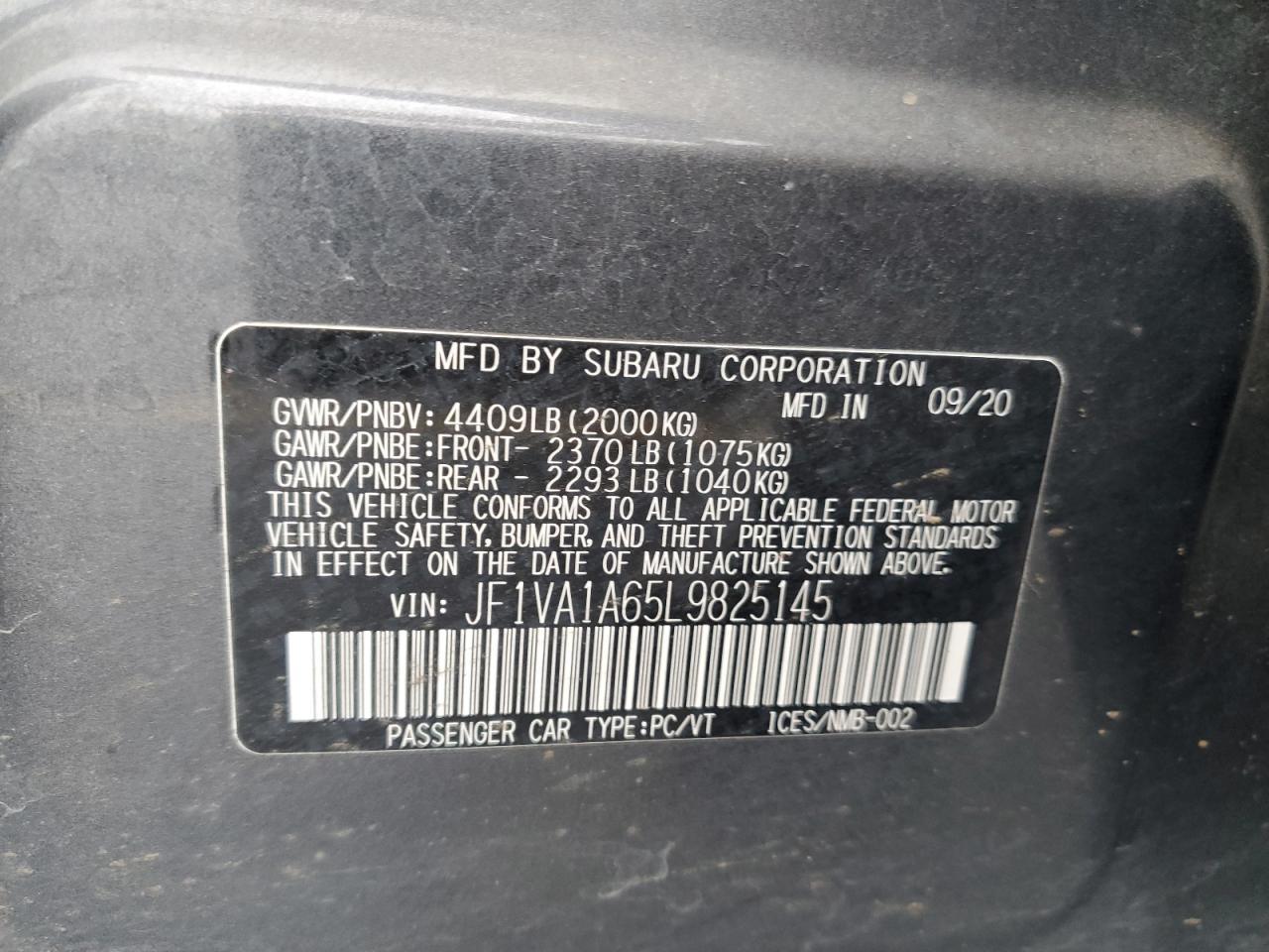 2020 Subaru Wrx VIN: JF1VA1A65L9825145 Lot: 80388745