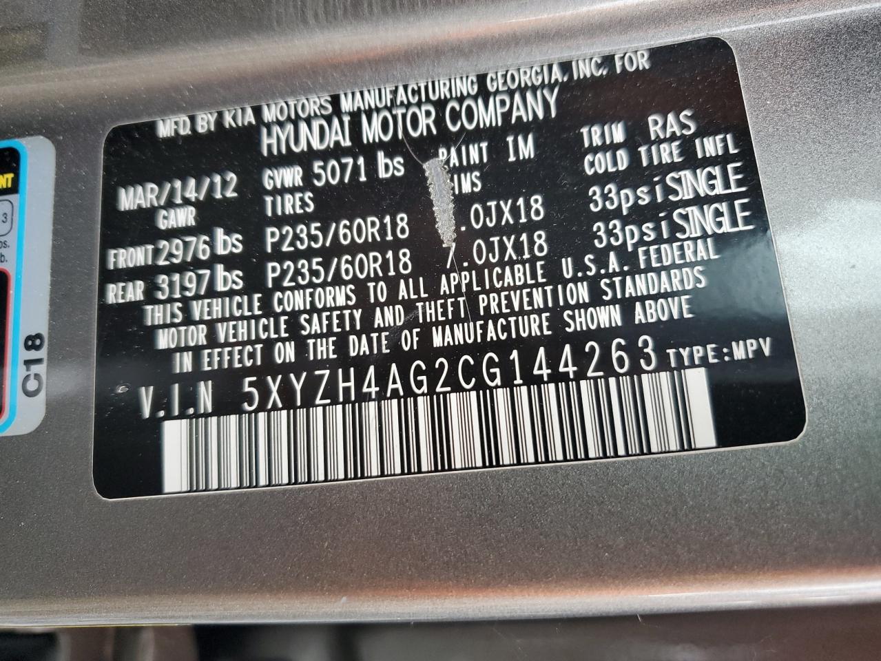 2012 Hyundai Santa Fe Se VIN: 5XYZH4AG2CG144263 Lot: 81185525