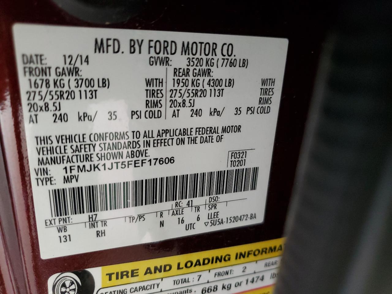2015 Ford Expedition El Xlt VIN: 1FMJK1JT5FEF17606 Lot: 71449495