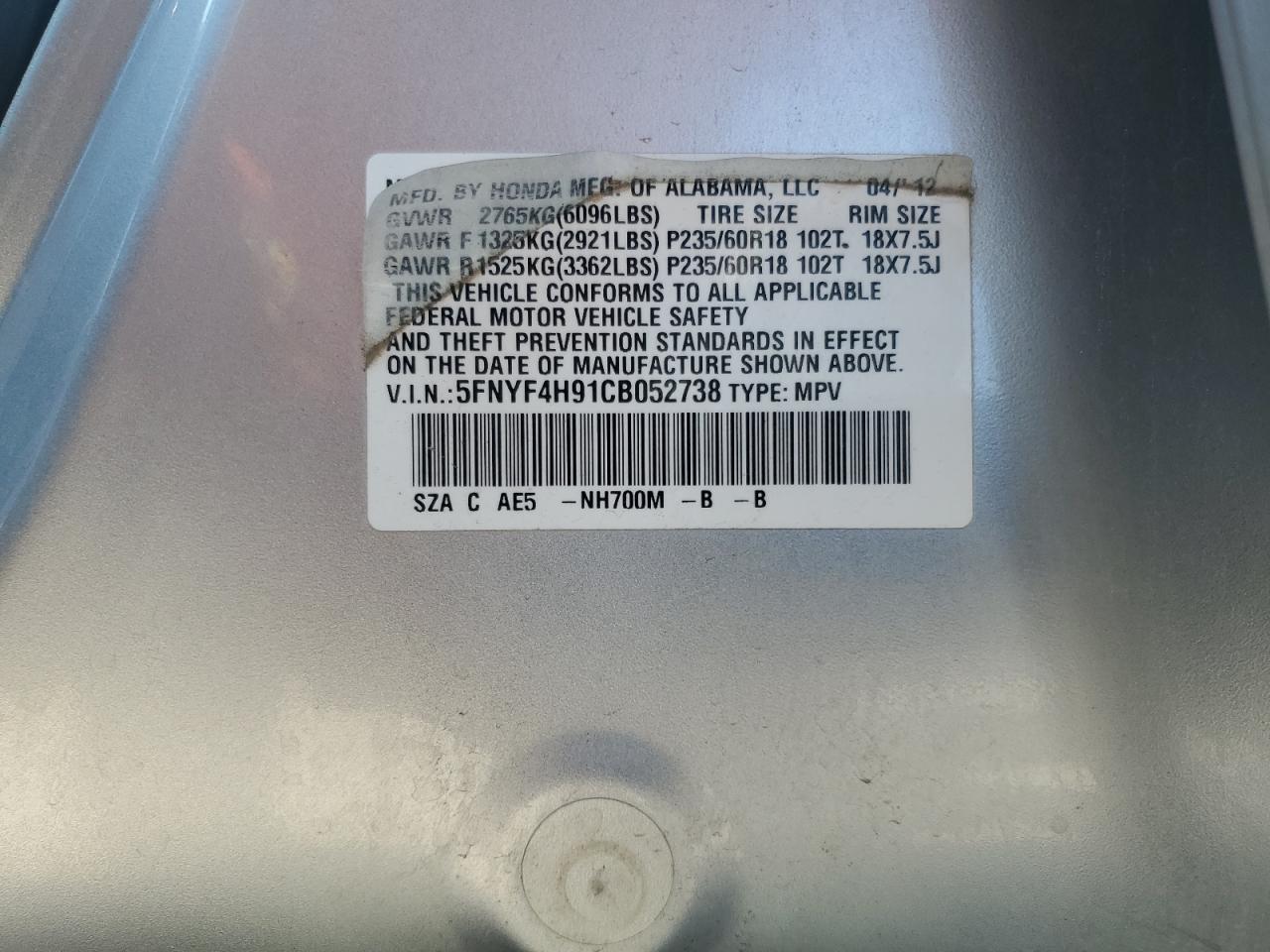 2012 Honda Pilot Touring VIN: 5FNYF4H91CB052738 Lot: 80533285