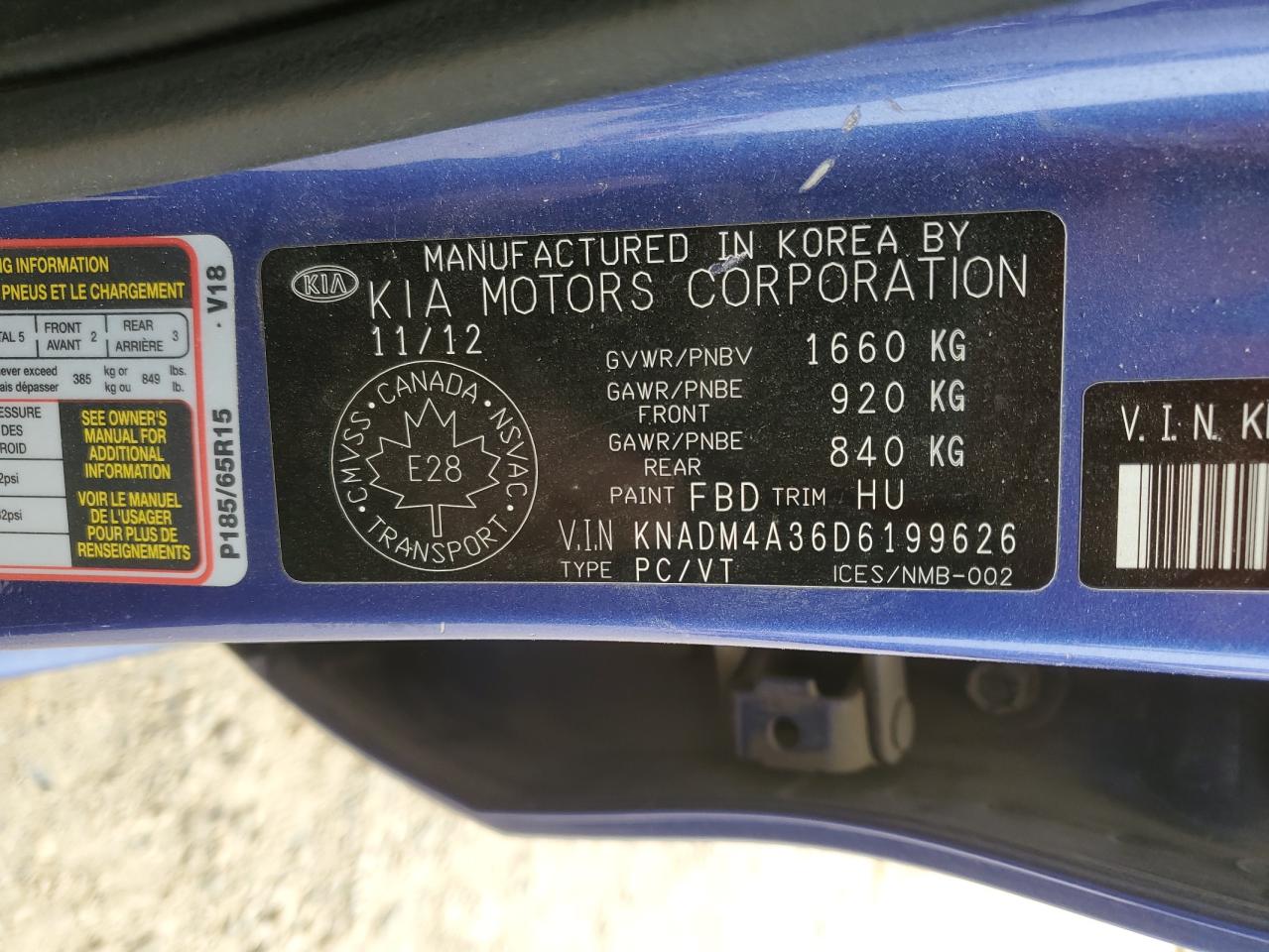 2013 Kia Rio Lx VIN: KNADM4A36D6199626 Lot: 84248765