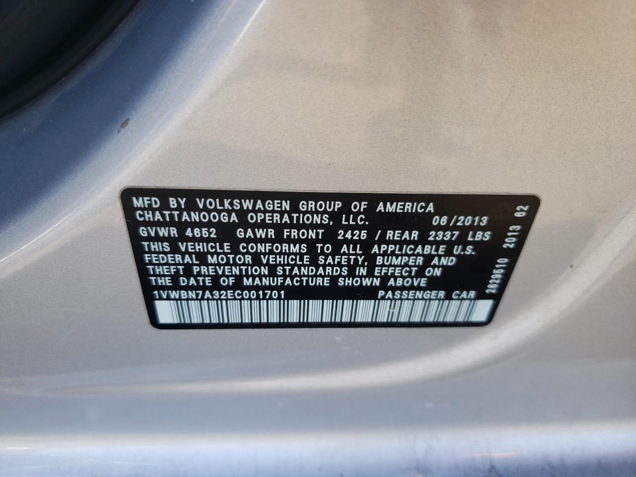 2014 Volkswagen Passat Se VIN: 1VWBN7A32EC001701 Lot: 81433595