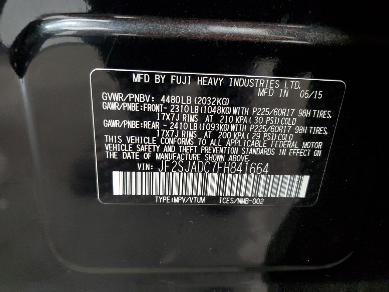 2015 Subaru Forester 2.5I Premium VIN: JF2SJADC7FH841664 Lot: 72093845