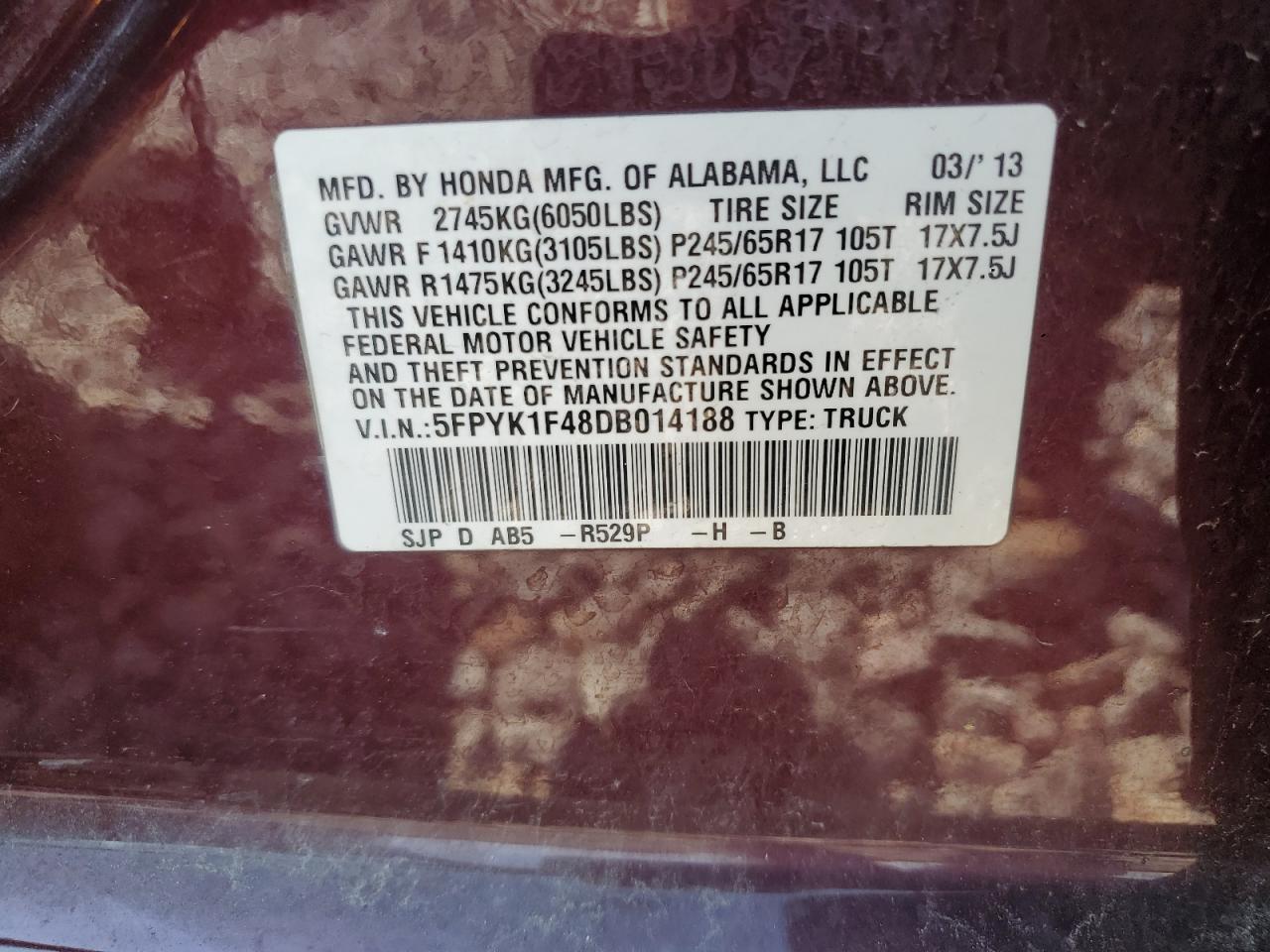 2013 Honda Ridgeline Rts VIN: 5FPYK1F48DB014188 Lot: 72043965