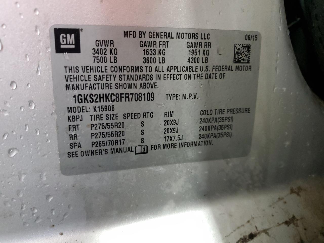 2015 GMC Yukon Xl K1500 Slt VIN: 1GKS2HKC8FR708109 Lot: 81560275