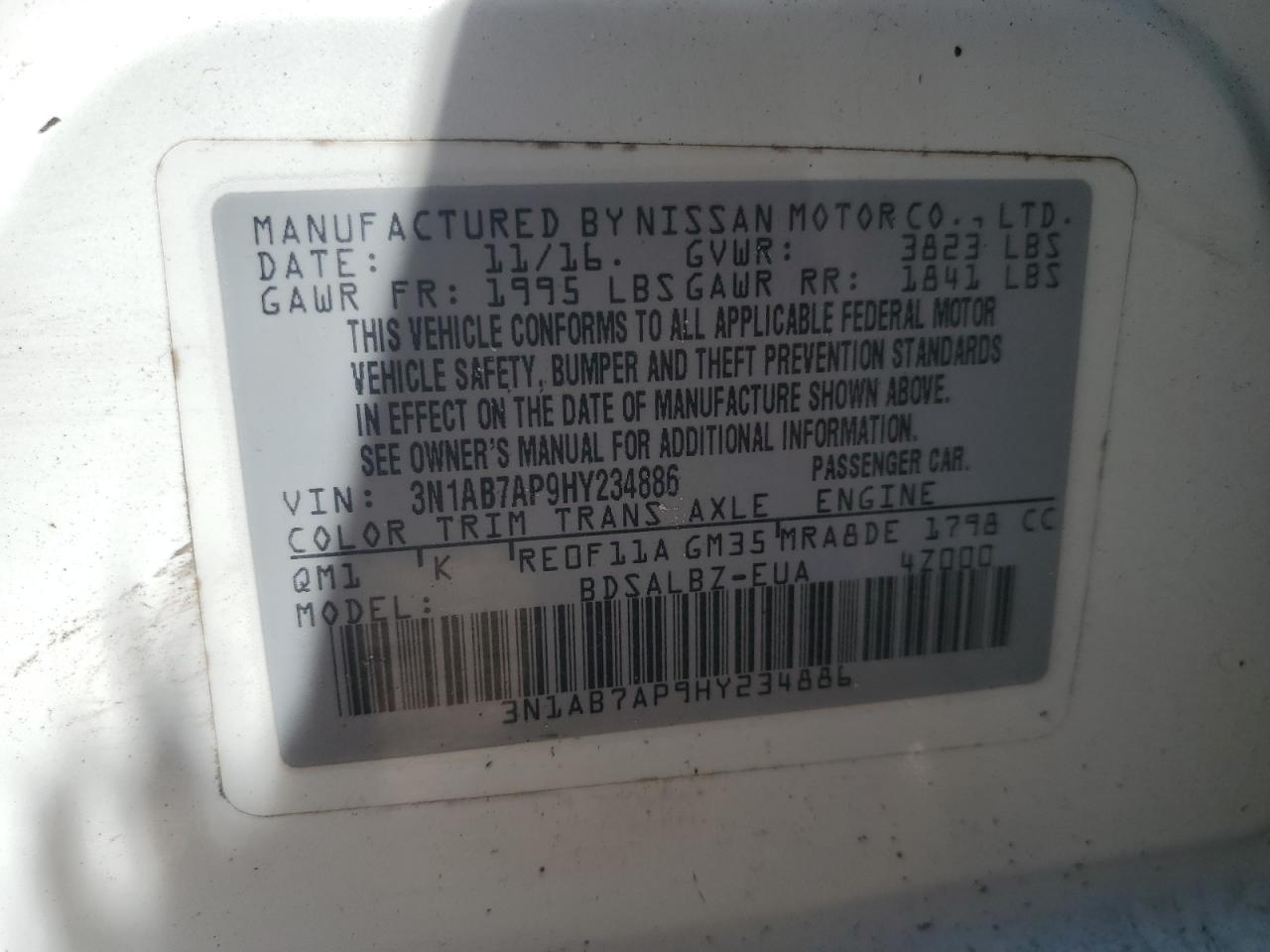 2017 Nissan Sentra S VIN: 3N1AB7AP9HY234886 Lot: 80006865