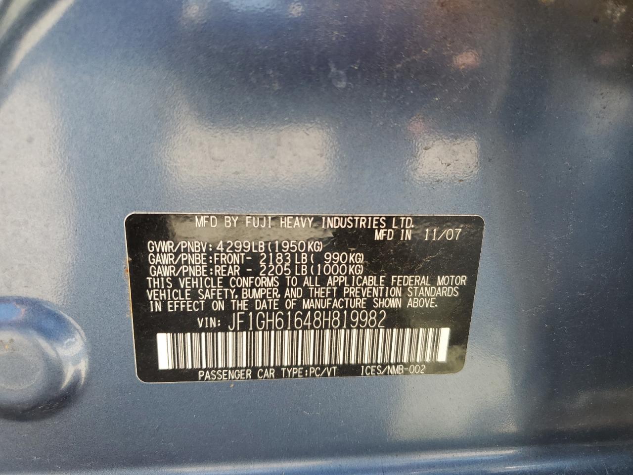 2008 Subaru Impreza 2.5I VIN: JF1GH61648H819982 Lot: 82050765