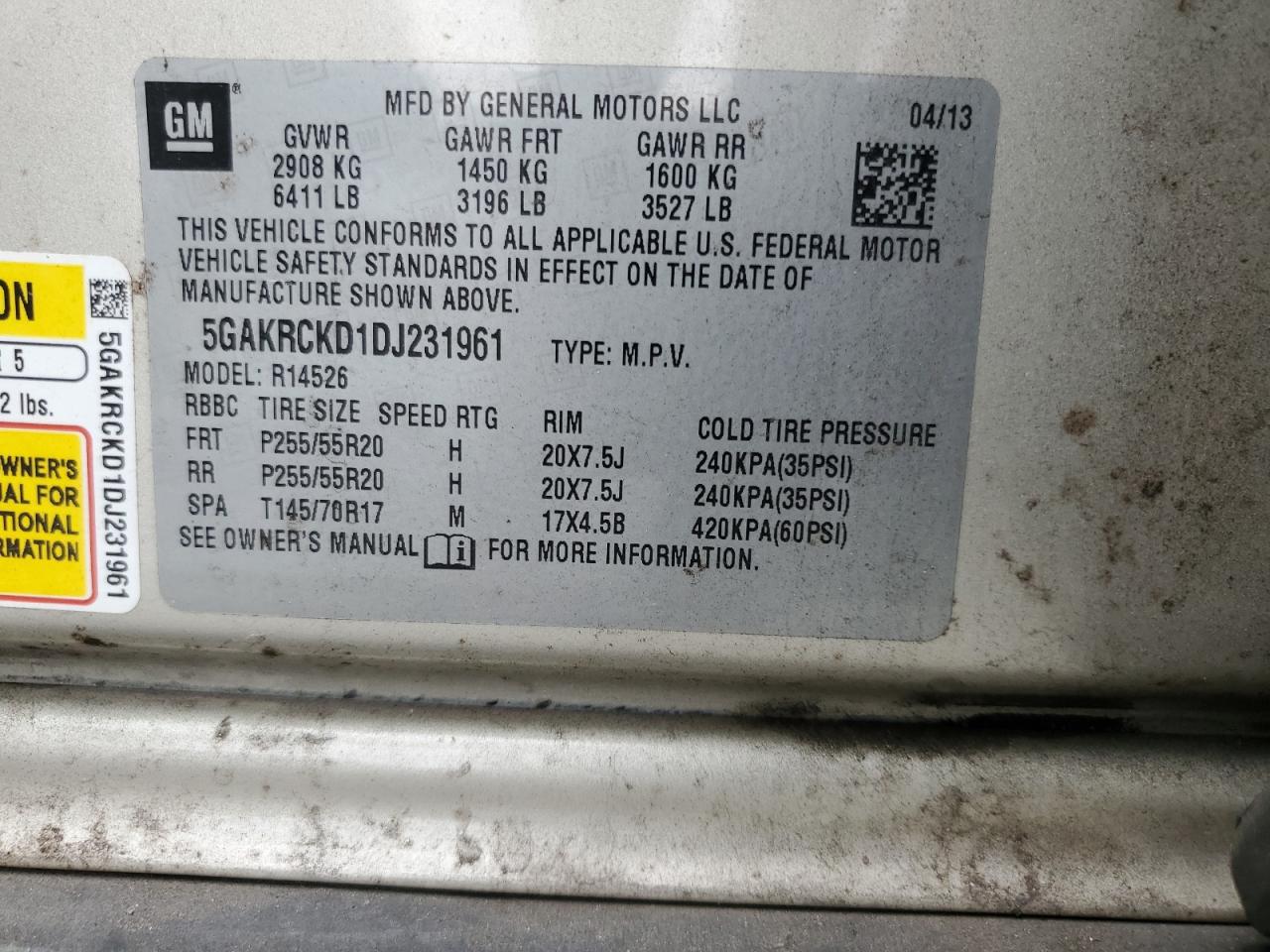 2013 Buick Enclave VIN: 5GAKRCKD1DJ231961 Lot: 84255415