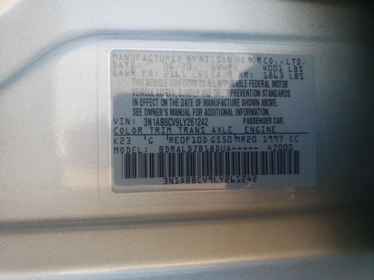 2020 Nissan Sentra Sv VIN: 3N1AB8CV9LY261242 Lot: 80965165