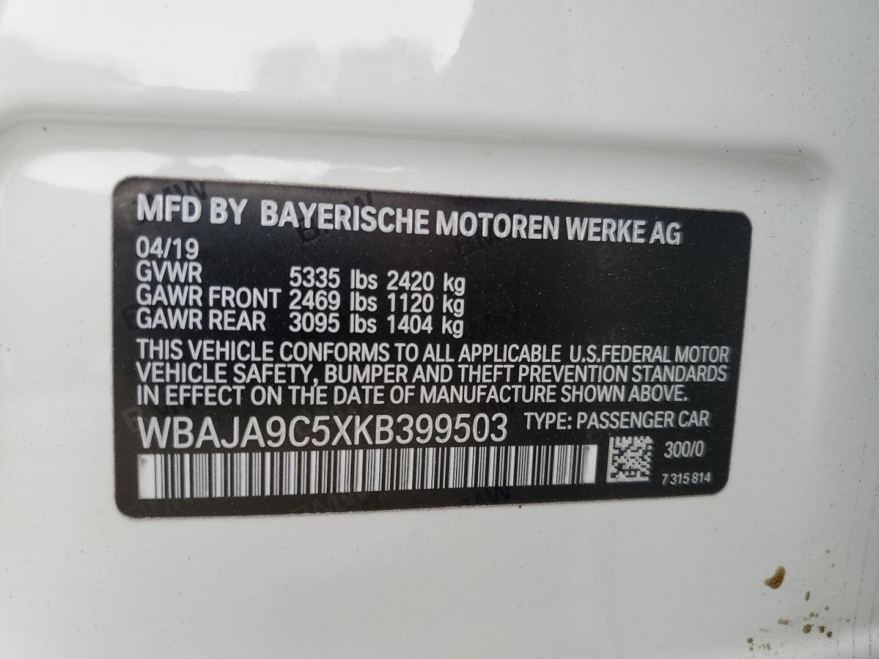 2019 BMW 530E VIN: WBAJA9C5XKB399503 Lot: 81759105