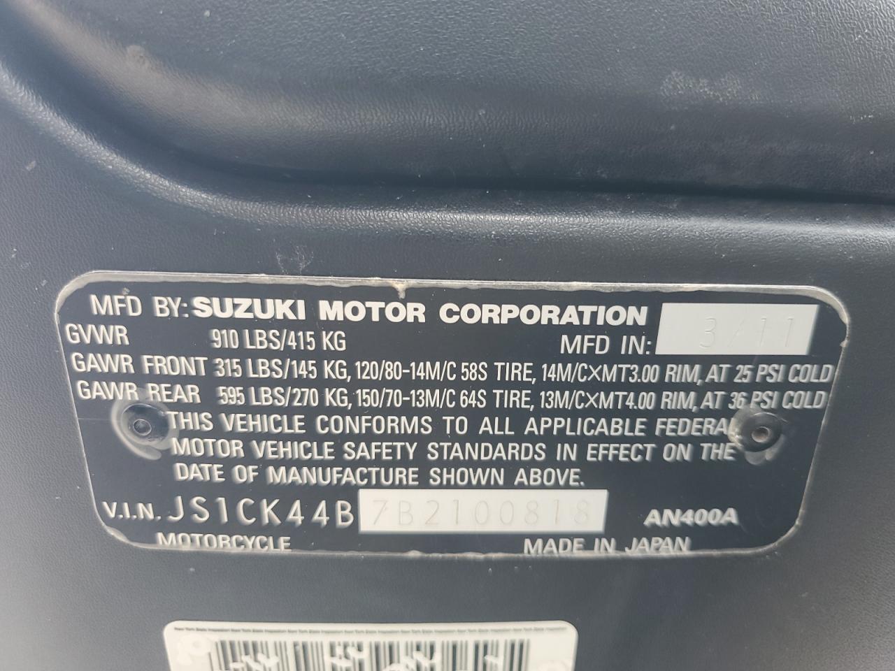 2011 Suzuki An400 A VIN: JS1CK44B7B2100818 Lot: 84600815