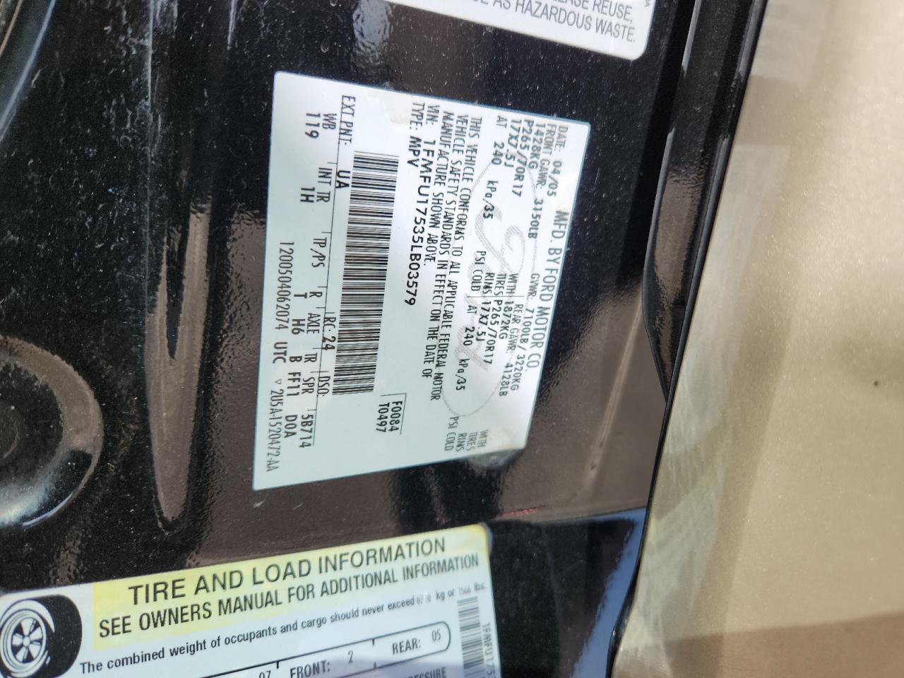 2005 Ford Expedition Eddie Bauer VIN: 1FMFU17535LB03579 Lot: 71110655