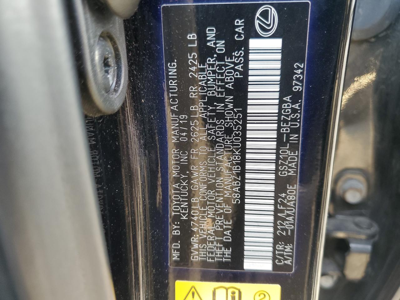 2019 Lexus Es 350 VIN: 58ABZ1B18KU035251 Lot: 80999735