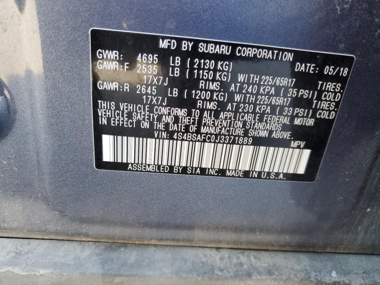 2018 Subaru Outback 2.5I Premium VIN: 4S4BSAFC0J3371889 Lot: 84180875