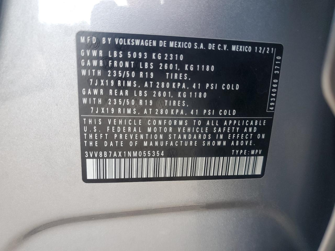 2022 Volkswagen Tiguan Se R-Line Black VIN: 3VV8B7AX1NM055354 Lot: 80137315