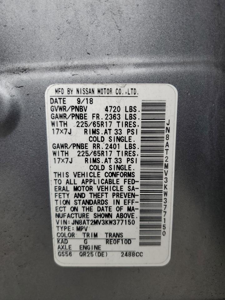 2019 Nissan Rogue S VIN: JN8AT2MV3KW377150 Lot: 83929385
