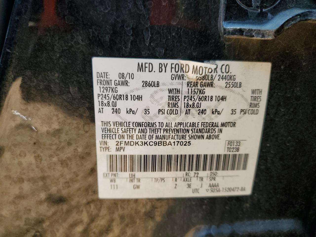 2011 Ford Edge Limited VIN: 2FMDK3KC9BBA17025 Lot: 71965005