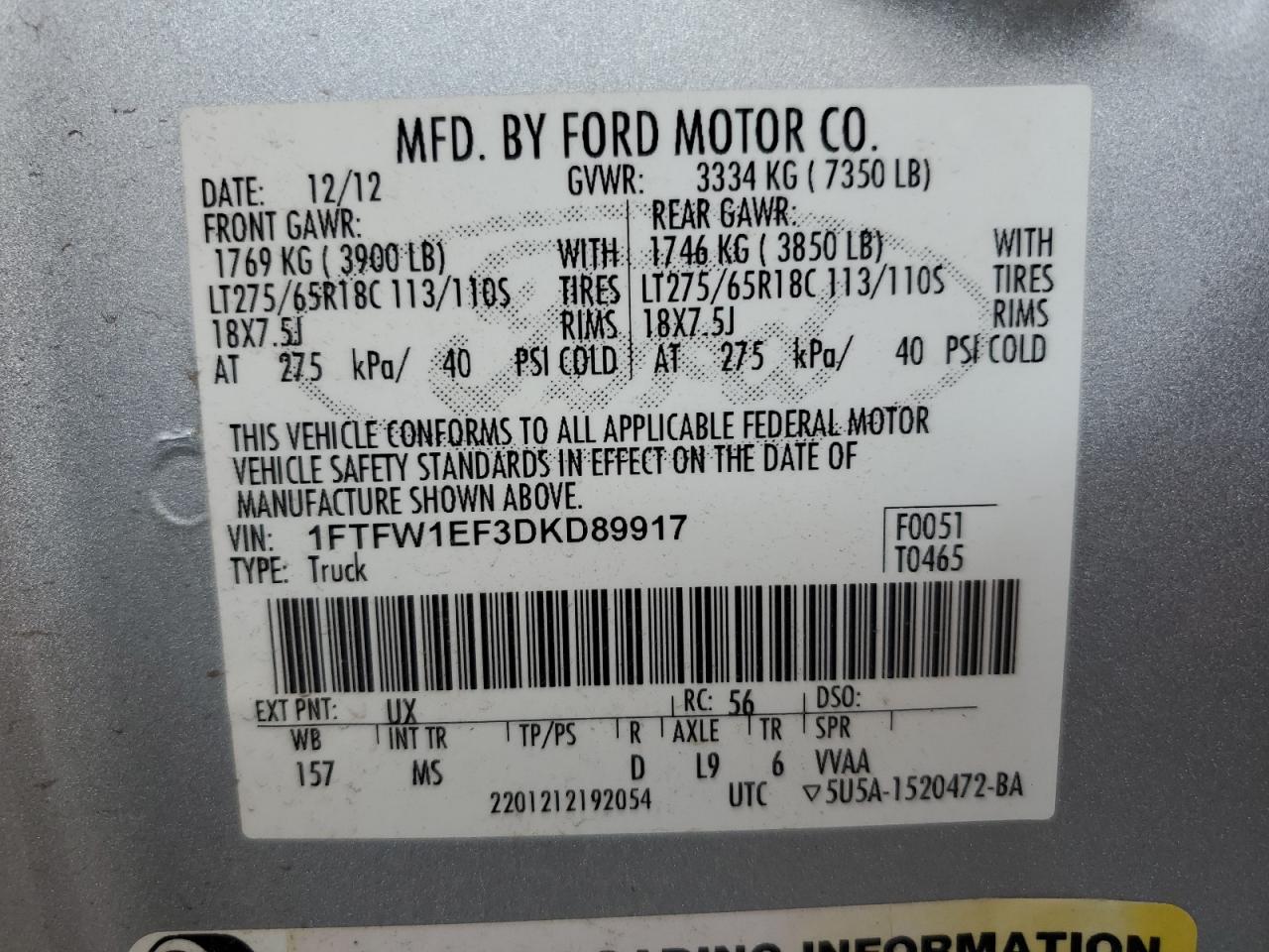 2013 Ford F150 Supercrew VIN: 1FTFW1EF3DKD89917 Lot: 71229895