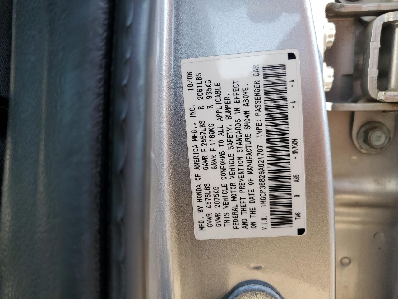 2009 Honda Accord Exl VIN: 1HGCP36829A021707 Lot: 80503595