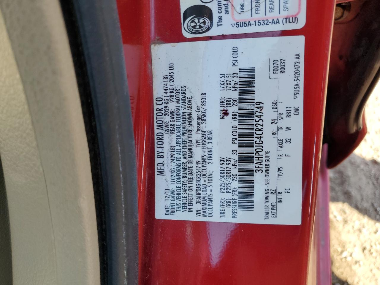 2012 Ford Fusion Sel VIN: 3FAHP0JG4CR254749 Lot: 80668725