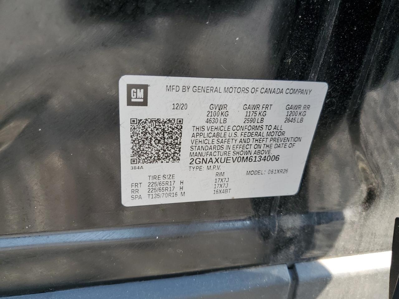 2021 Chevrolet Equinox Lt VIN: 2GNAXUEV0M6134006 Lot: 80924915