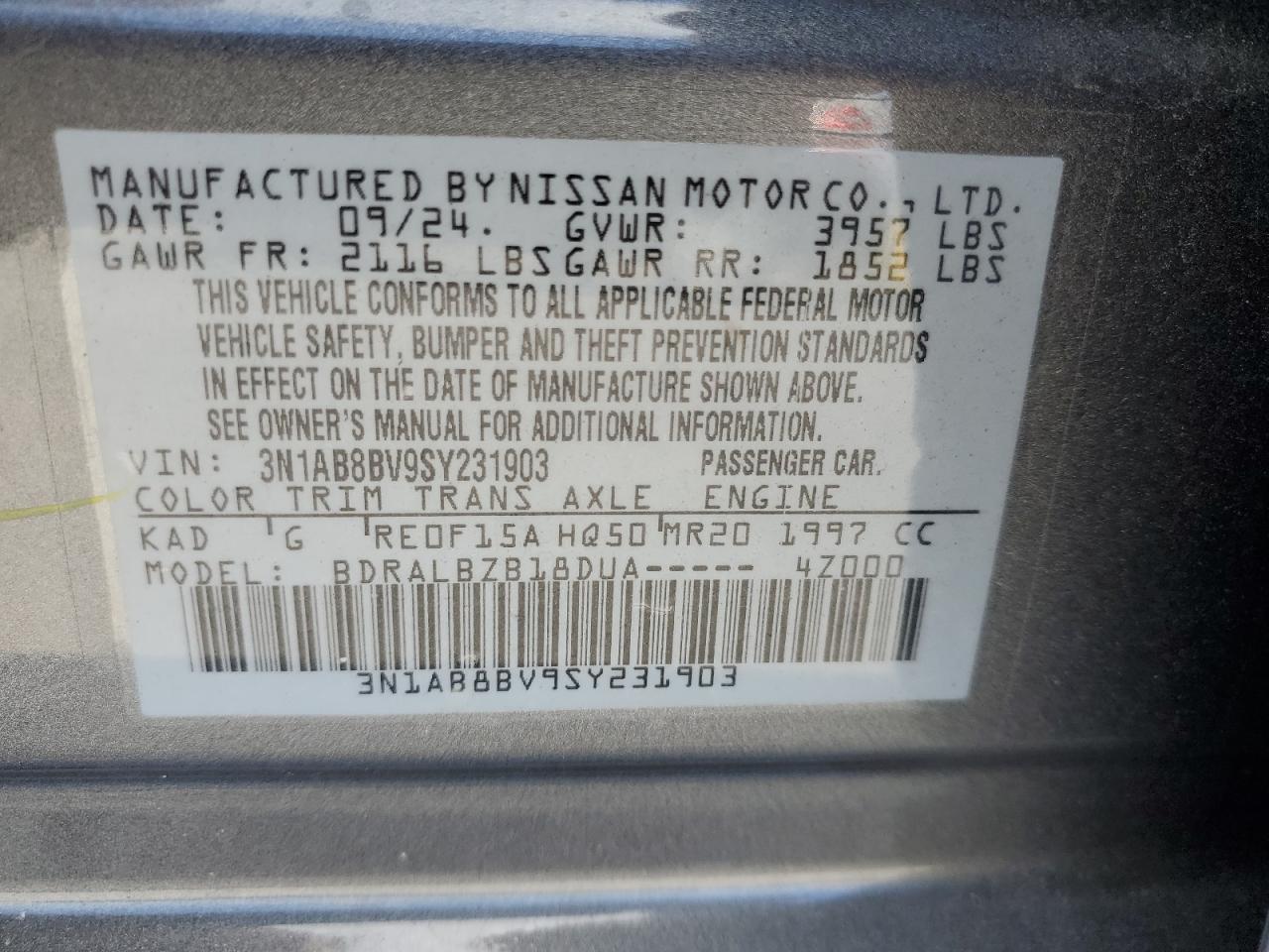 2025 Nissan Sentra S VIN: 3N1AB8BV9SY231903 Lot: 70905745