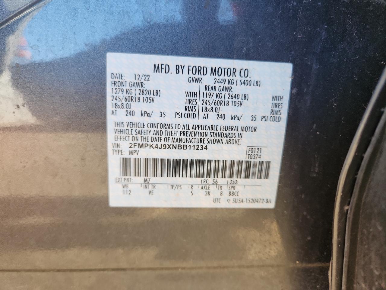 2022 Ford Edge Sel VIN: 2FMPK4J9XNBB11234 Lot: 80919795