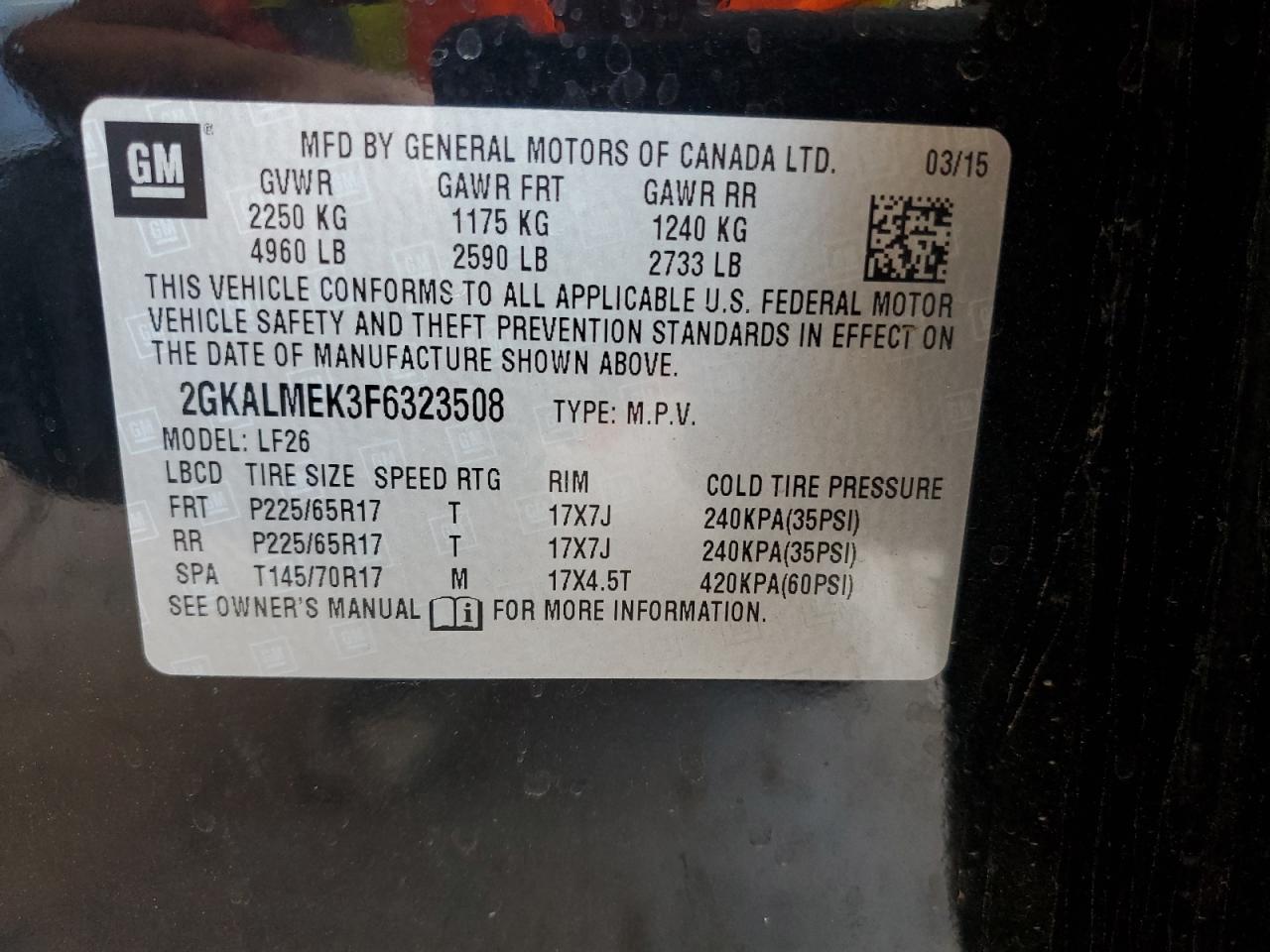 2015 GMC Terrain Sle VIN: 2GKALMEK3F6323508 Lot: 80964335