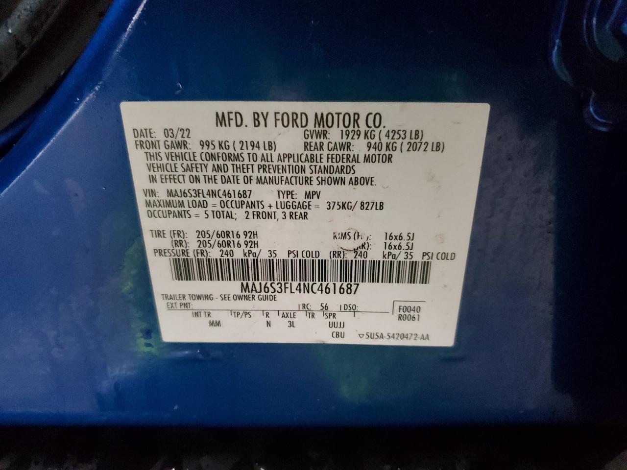 2022 Ford Ecosport S VIN: MAJ6S3FL4NC461687 Lot: 81123325