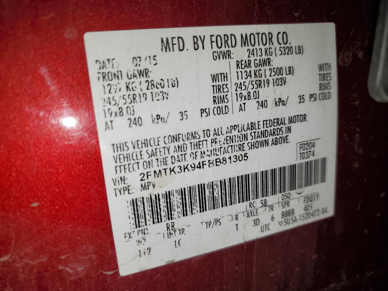 2015 Ford Edge Titanium VIN: 2FMTK3K94FBB81305 Lot: 80675835