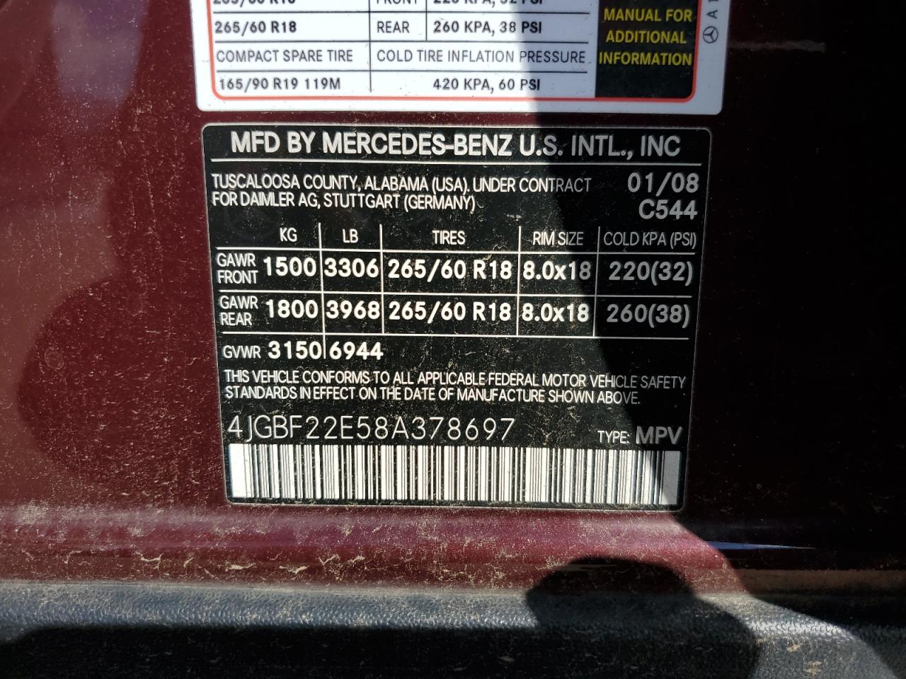 2008 Mercedes-Benz Gl 320 Cdi VIN: 4JGBF22E58A378697 Lot: 84050545