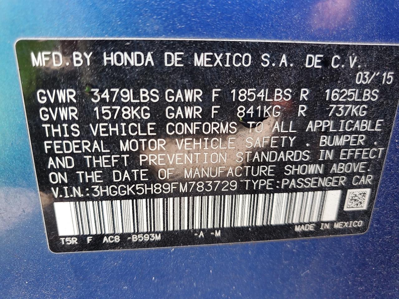 2015 Honda Fit Ex VIN: 3HGGK5H89FM783729 Lot: 81247195