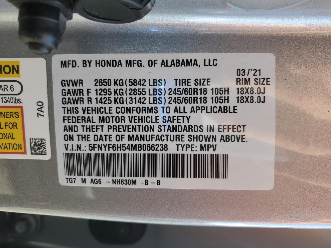 2021 Honda Pilot Exl VIN: 5FNYF6H54MB066238 Lot: 81252885