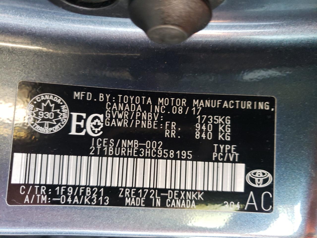 2017 Toyota Corolla L VIN: 2T1BURHE3HC958195 Lot: 83798805