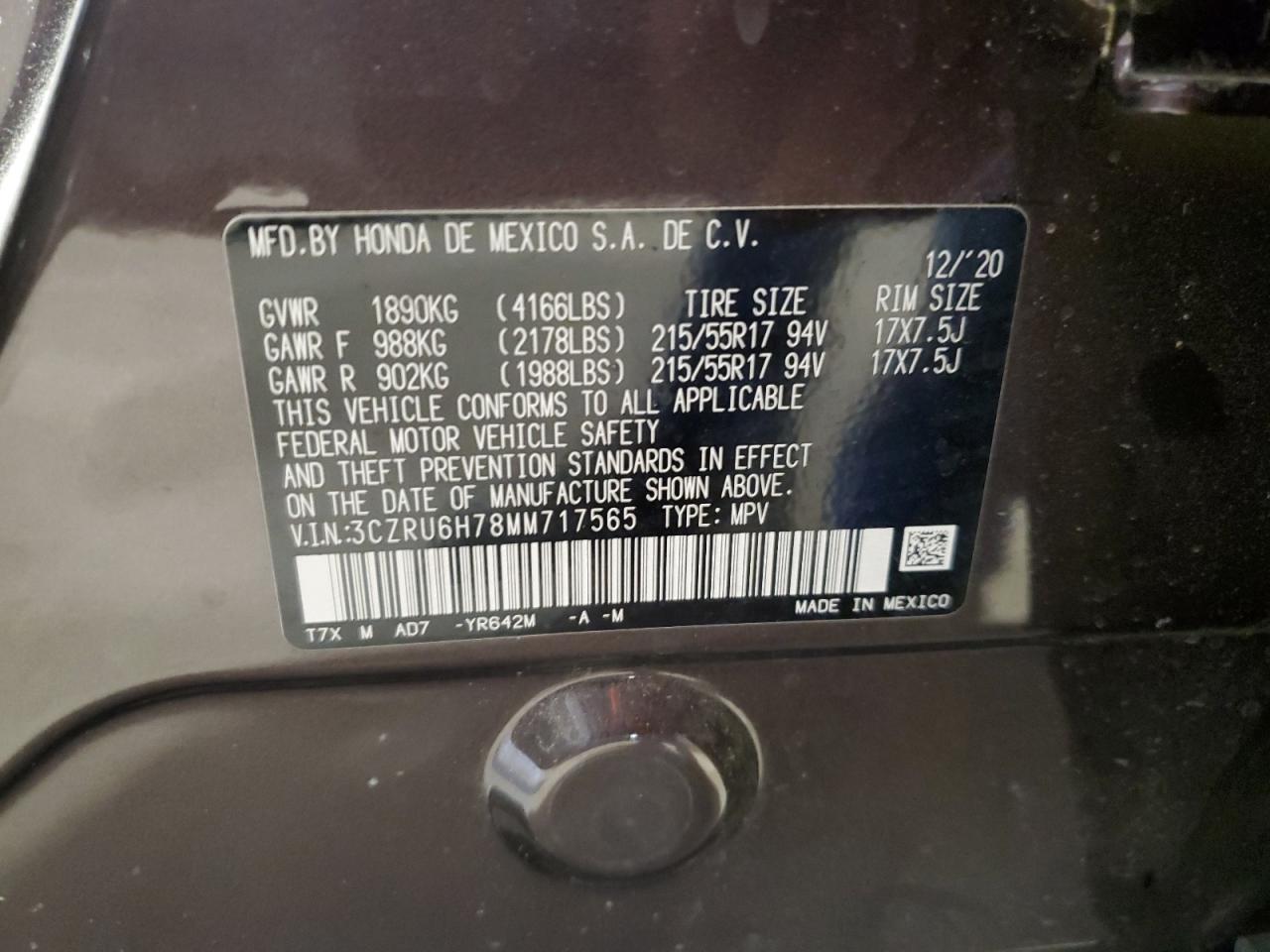 2021 Honda Hr-V Exl VIN: 3CZRU6H78MM717565 Lot: 80920065