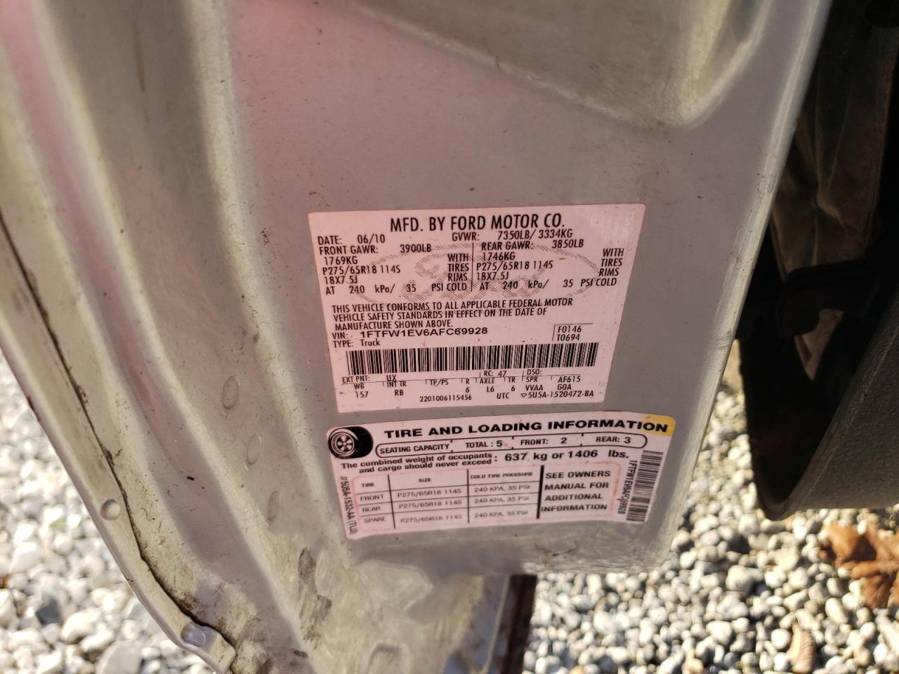 2010 Ford F150 Supercrew VIN: 1FTFW1EV6AFC69928 Lot: 81824855