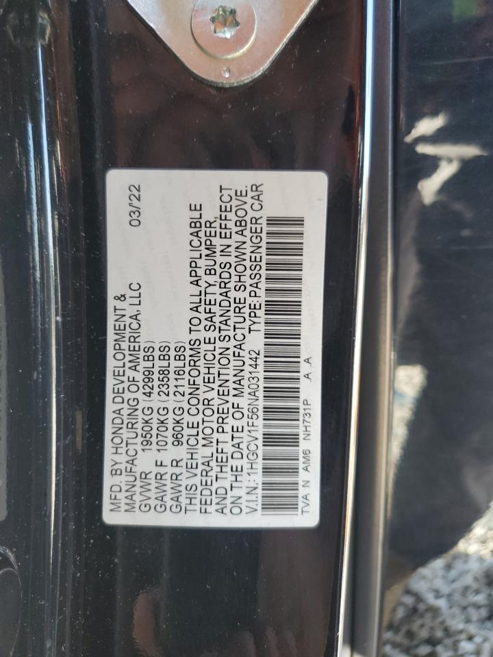 2022 Honda Accord Exl VIN: 1HGCV1F56NA031442 Lot: 80859485