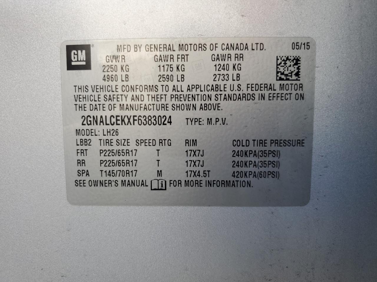 2015 Chevrolet Equinox Lt VIN: 2GNALCEKXF6383024 Lot: 82132015