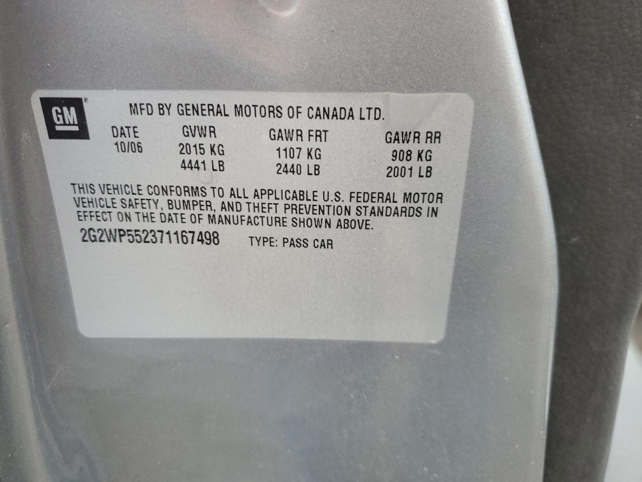 2007 Pontiac Grand Prix VIN: 2G2WP552371167498 Lot: 71098325