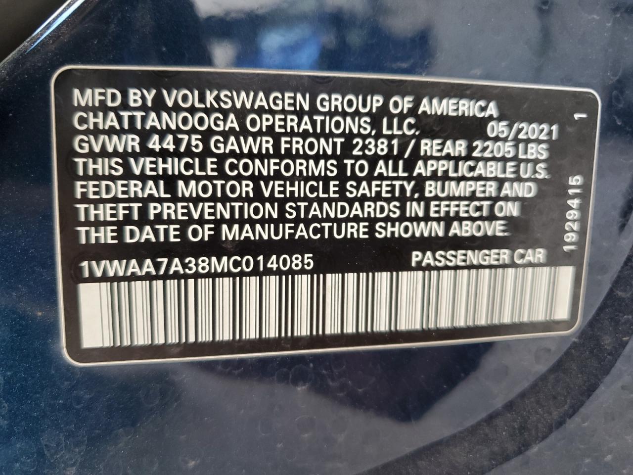 2021 Volkswagen Passat S VIN: 1VWAA7A38MC014085 Lot: 82128455