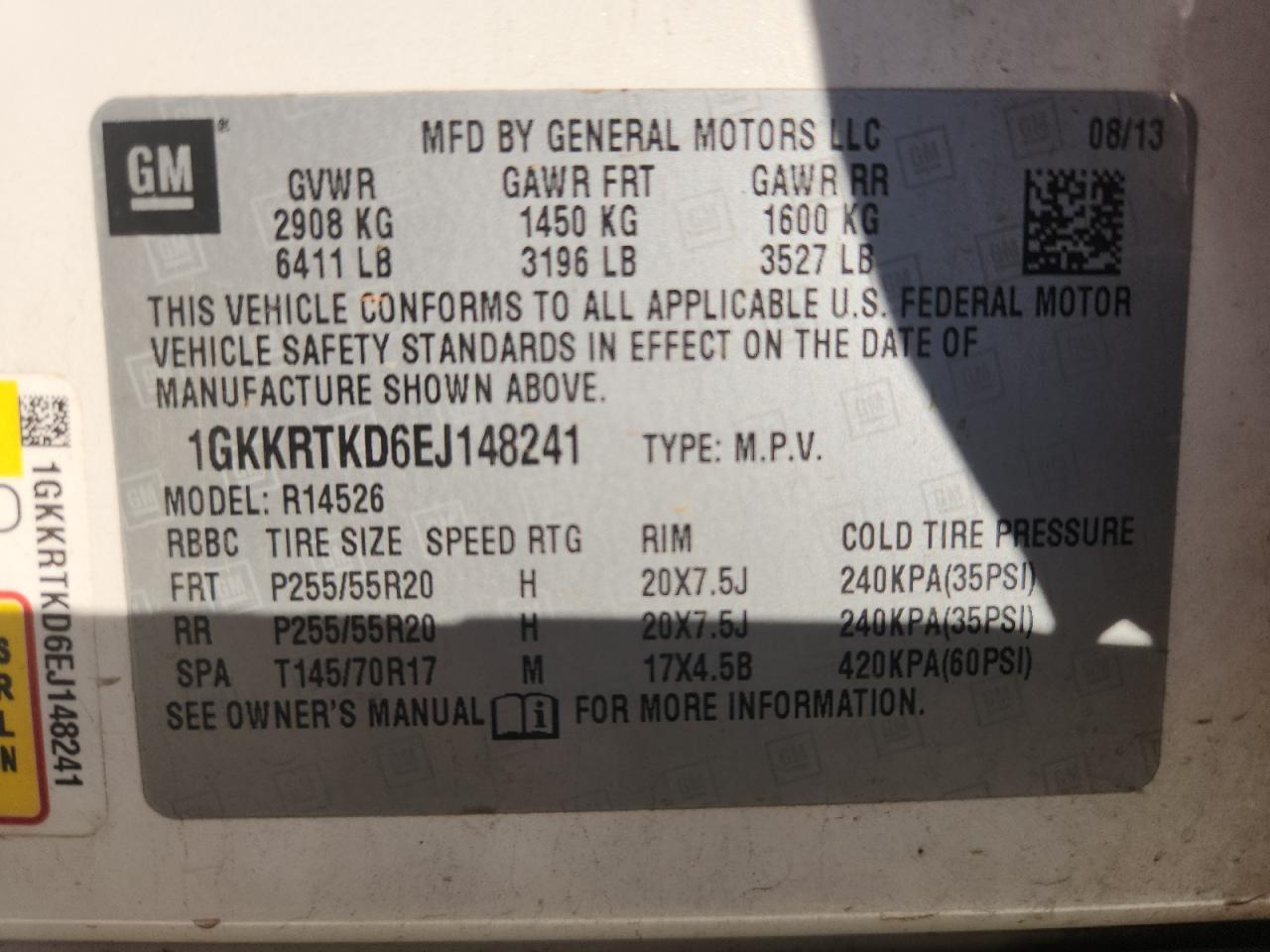 2014 GMC Acadia Denali VIN: 1GKKRTKD6EJ148241 Lot: 84220935