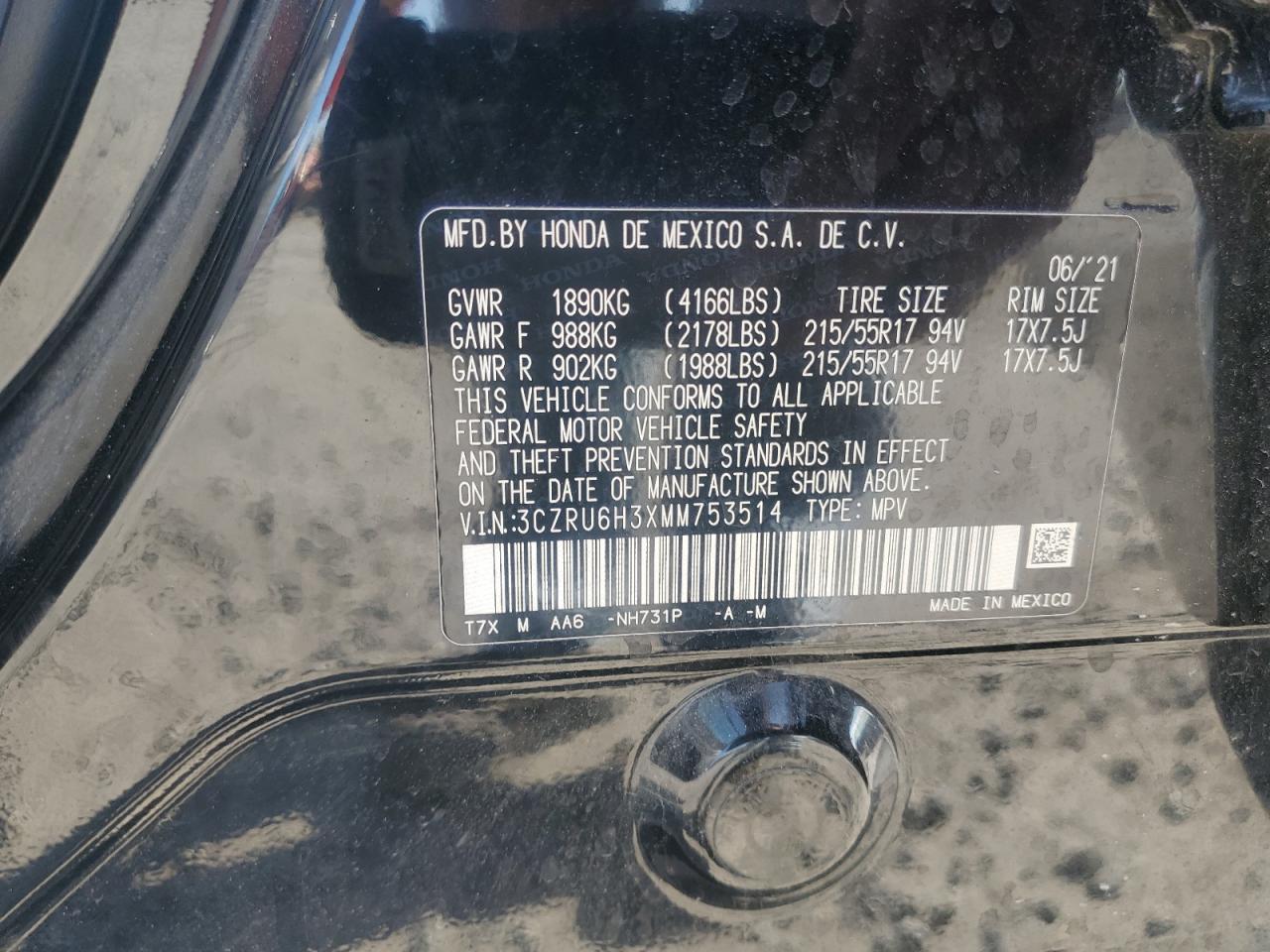 2021 Honda Hr-V Lx VIN: 3CZRU6H3XMM753514 Lot: 80008165