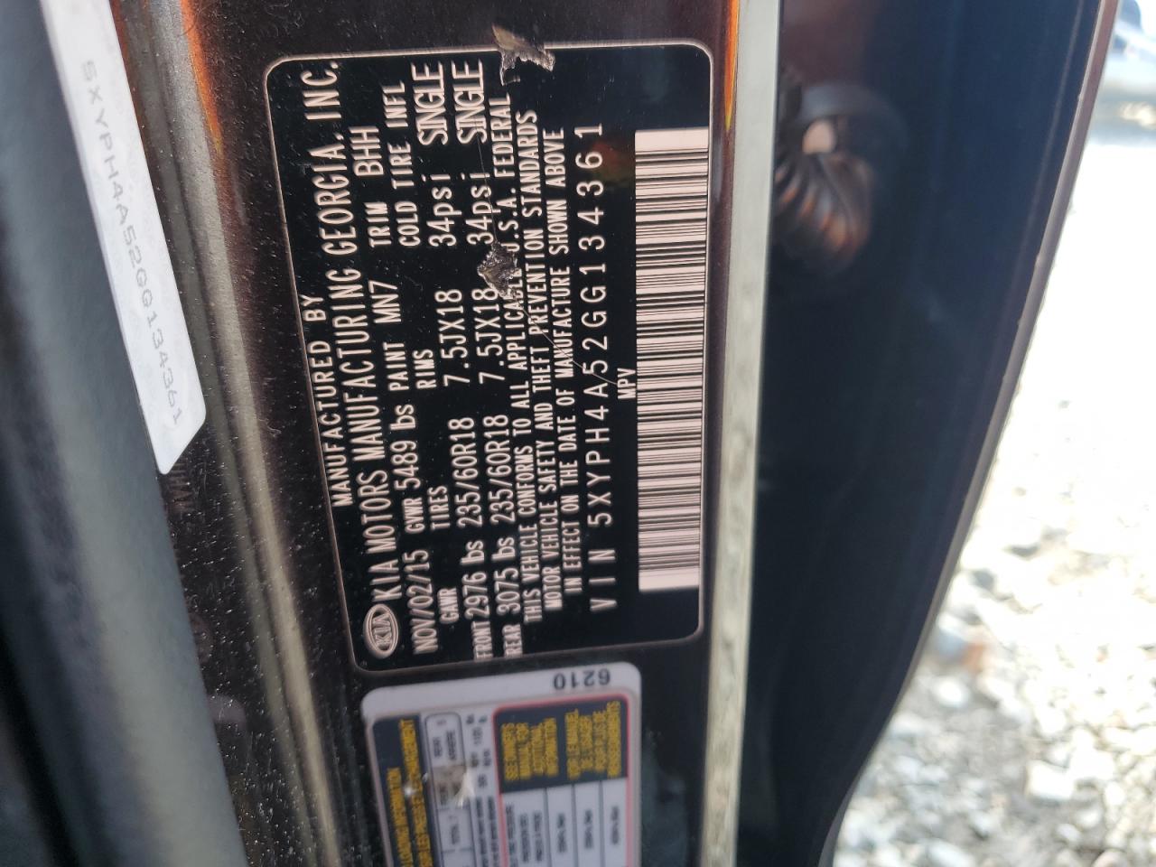 2016 Kia Sorento Ex VIN: 5XYPH4A52GG134361 Lot: 80134605