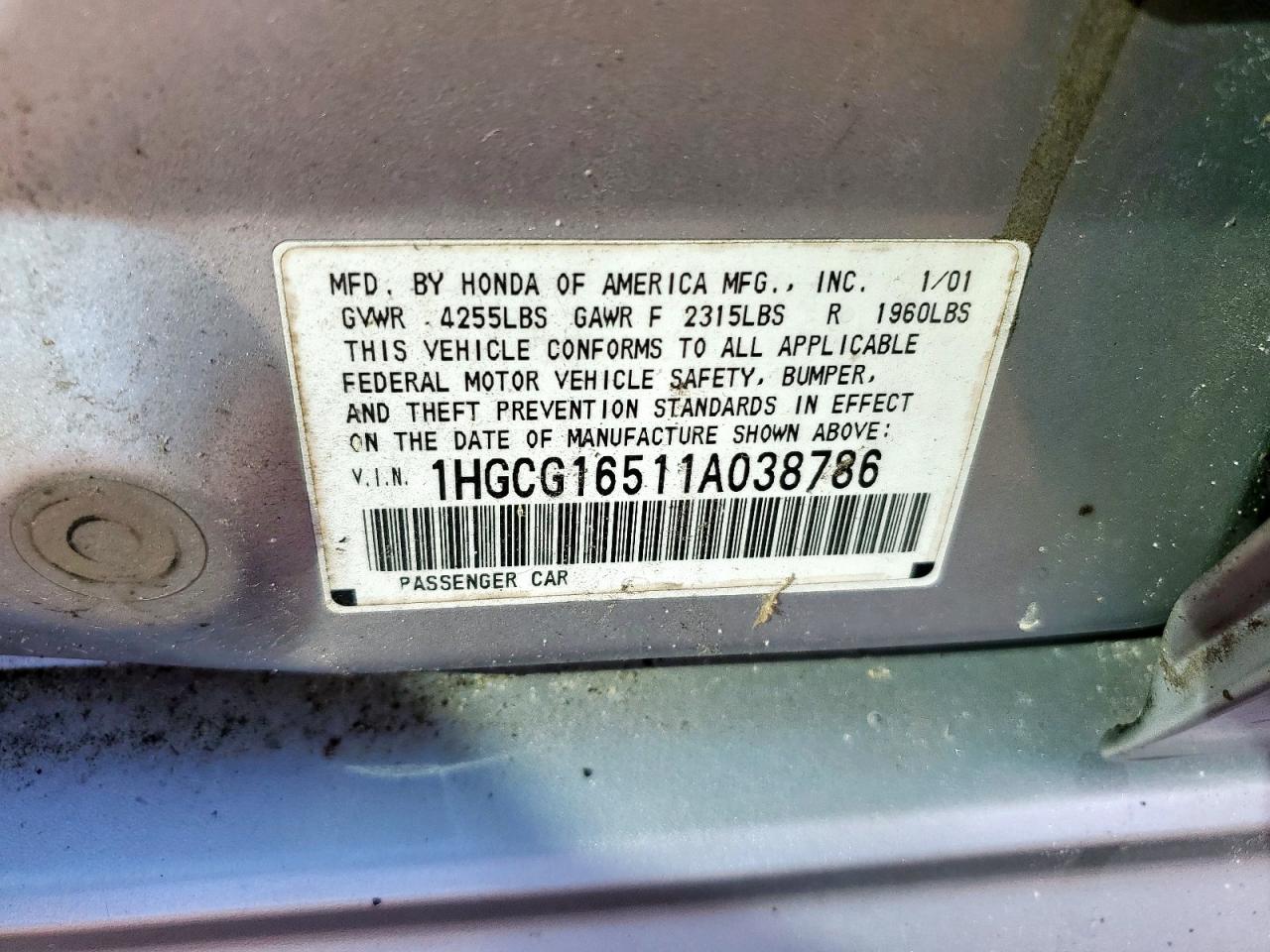 2001 Honda Accord Ex VIN: 1HGCG16511A038786 Lot: 82060705