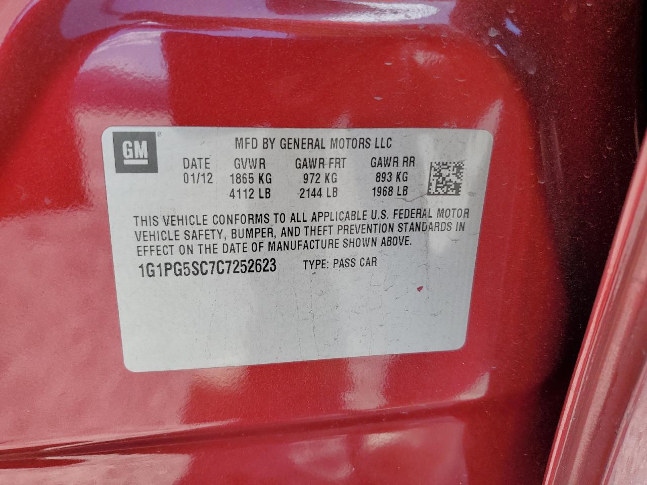 2012 Chevrolet Cruze Lt VIN: 1G1PG5SC7C7252623 Lot: 84552125