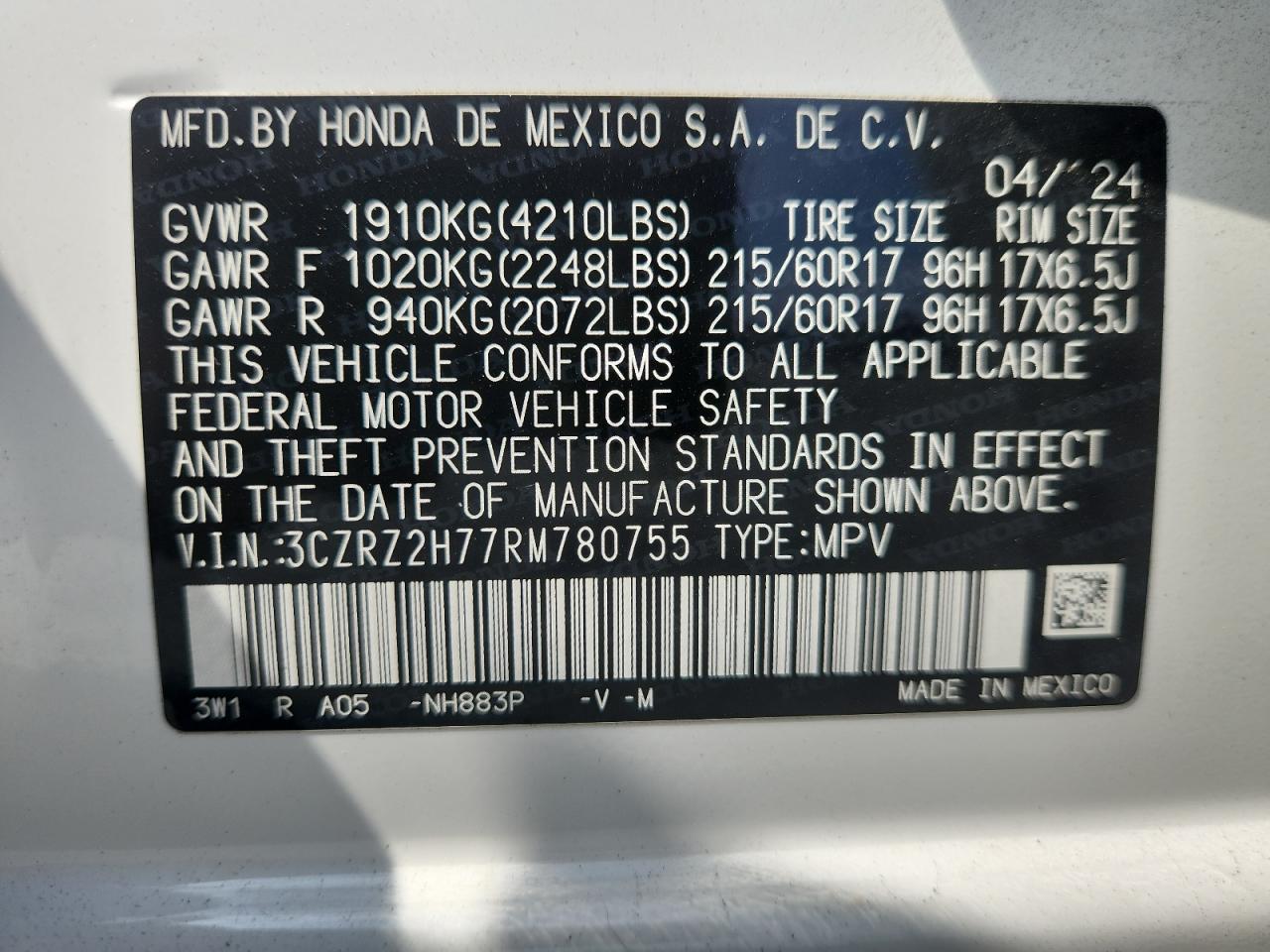 2024 Honda Hr-V Exl VIN: 3CZRZ2H77RM780755 Lot: 80753335